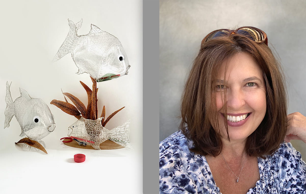 A headshot of Sheridan photography student Angi Watson next to her exhibit of plastic fish